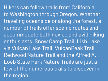 Hikers can follow trails from California to Washington through Oregon. Whether traveling oceanside or along the fores...