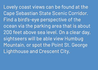 Lovely coast views can be found at the Cape Sebastian State Scenic Corridor. Find a bird’s eye perspective of the oce...