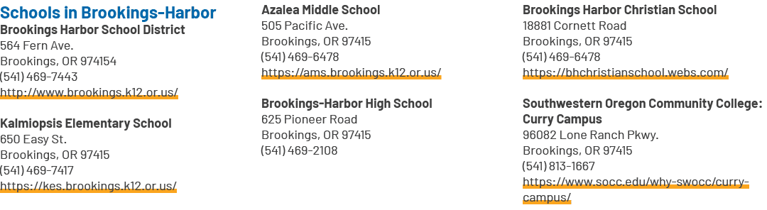 Schools in Brookings Harbor Brookings Harbor School District 564 Fern Ave. Brookings, OR 974154 (541) 469 7443 http:/...