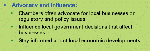 • Advocacy and Influence: • Chambers often advocate for local businesses on regulatory and policy issues. • Influence...