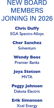New Board Members Joining in 2026 Chris Duffy EGA Spectro Alloys Cher Sanchez Solventum Wendy Boos Premier Banks Joya...