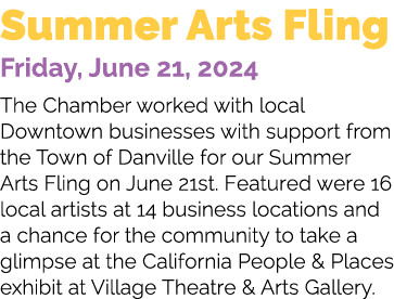 Summer Arts Fling Friday, June 21, 2024 The Chamber worked with local Downtown businesses with support from the Town ...