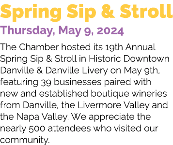 Spring Sip & Stroll Thursday, May 9, 2024 The Chamber hosted its 19th Annual Spring Sip & Stroll in Historic Downtown...