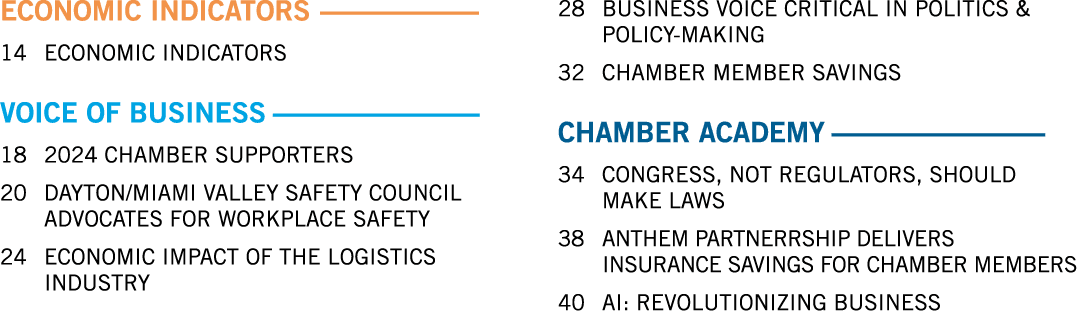 ECONOMIC INDICATORS 14 ECONOMIC INDICATORS VOICE OF BUSINESS 18 2024 CHAMBER SUPPORTERS 20 DAYTON/MIAMI VALLEY SAFETY...
