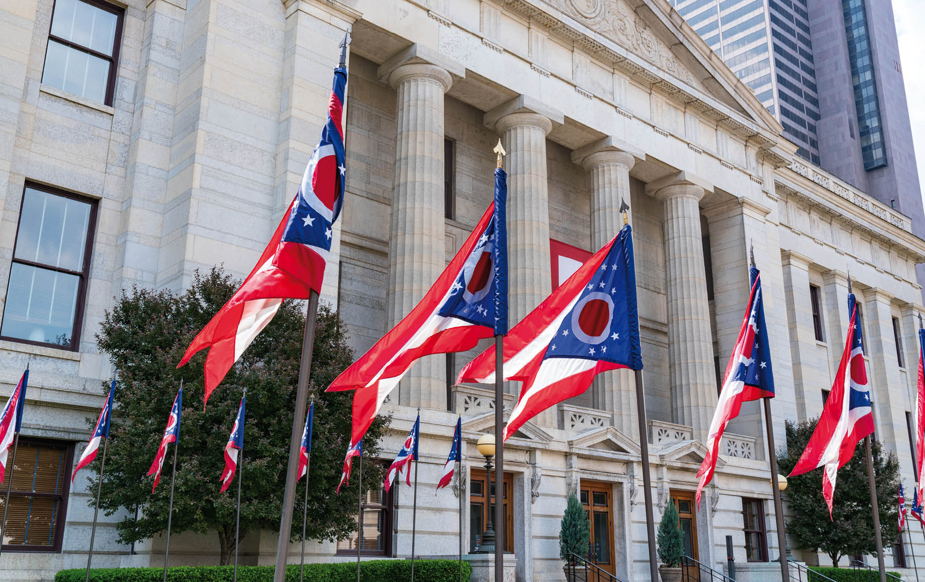 Ohio State Flags at the state capital in Capitol Square in Columbus, Ohio