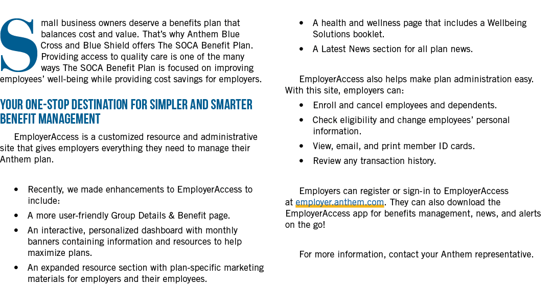 Small business owners deserve a benefits plan that balances cost and value. That’s why Anthem Blue Cross and Blue Shi...
