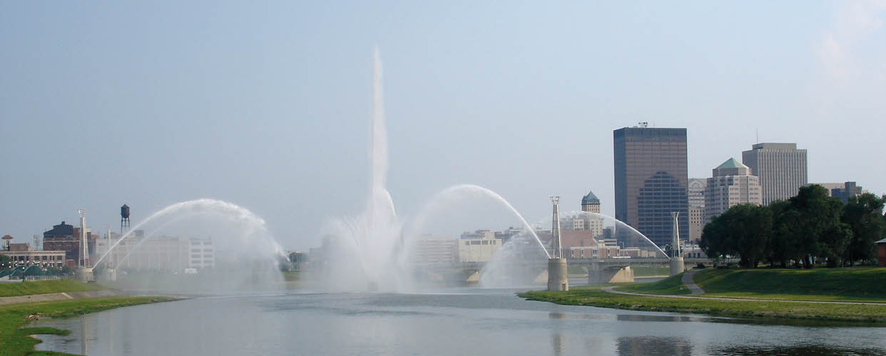 A view of the five Dayton fountains which symbolizes the five rivers that meet in Dayton, Ohio.
