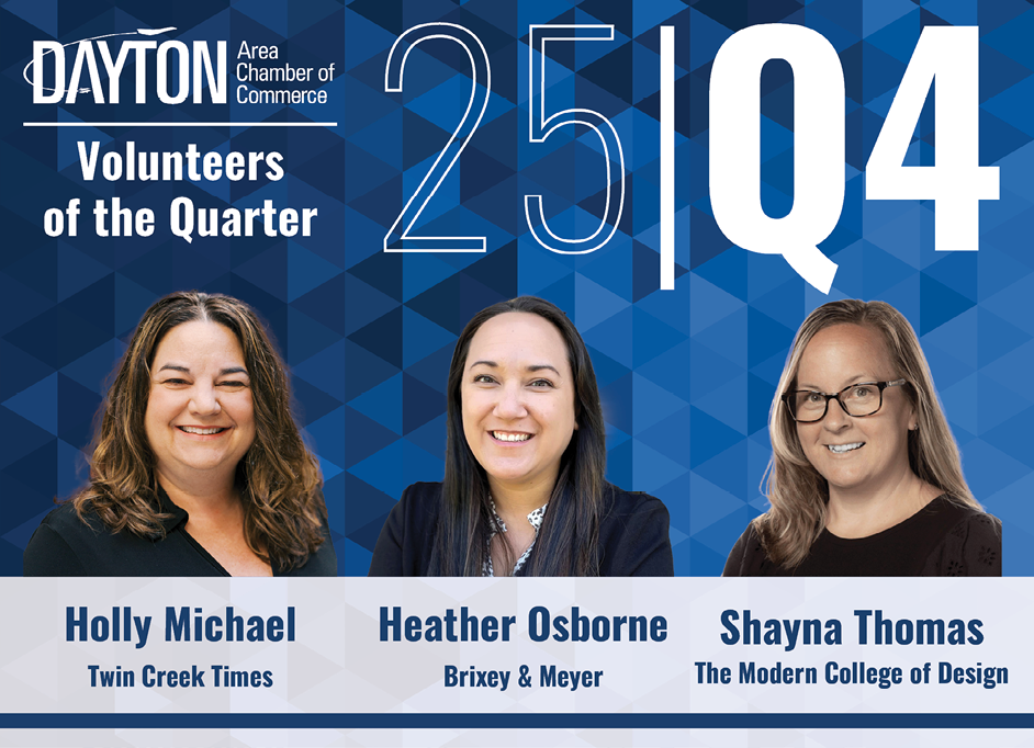 Three women are smiling and posing for a photo. They are wearing glasses and are described as “volunteers of the quarter." AI generated content