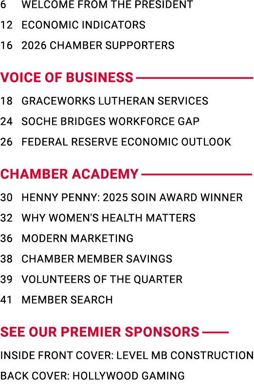 6 WELCOME FROM THE PRESIDENT 12 ECONOMIC INDICATORS 16 2026 CHAMBER SUPPORTERS VOICE OF BUSINESS 18 GRACEWORKS LUTHER...