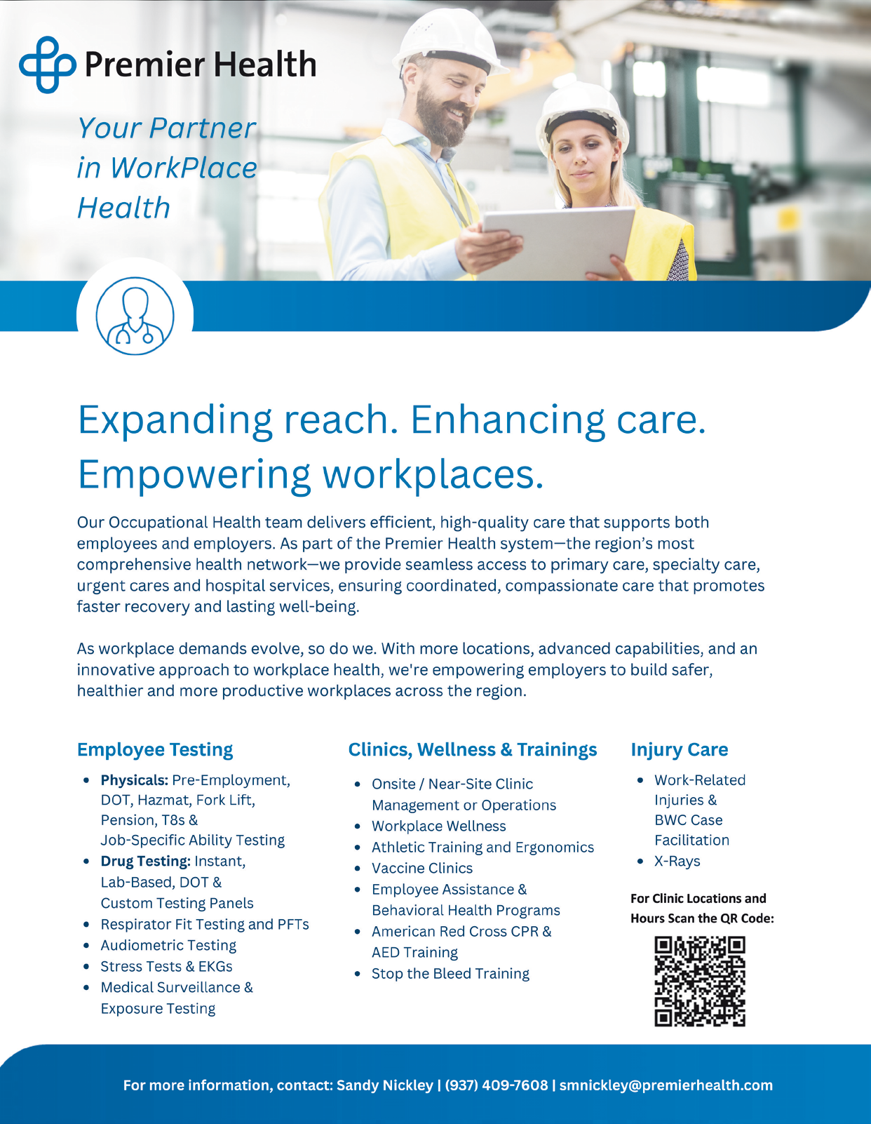 A flyer for Premier Health shows a man and woman in a factory setting. The man is wearing a hard hat and the woman is using a tablet. The flyer is promoting the company's services in workplace health. AI generated content