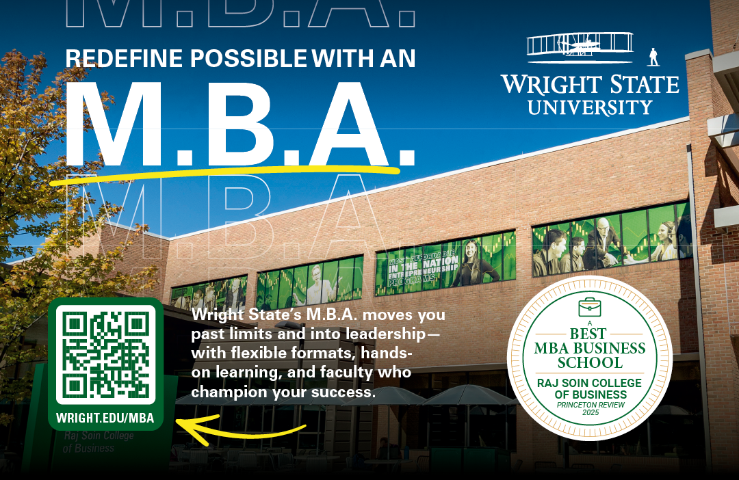 An advertisement for Wright State University's MBA program. AI generated content