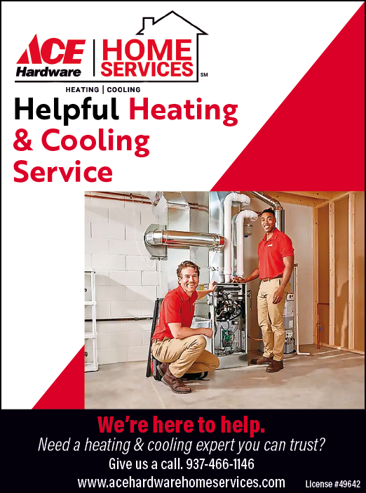 Two men are shown in a brochure for Ace Hardware Services, one kneeling and the other standing. They are working on a heating and cooling system. AI generated content