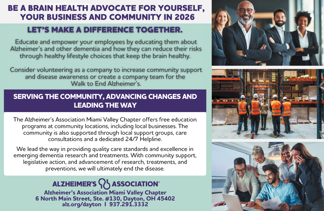 A flyer for the Alzheimer's Association features a group of people and a message about brain health. AI generated content