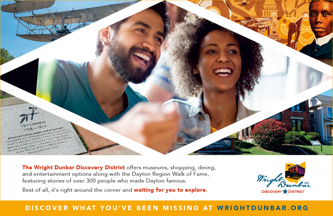 A man and woman are smiling and holding wine glasses. They are in front of a sign that says “Discover what you've been missing at Wright Dunbar." AI generated content