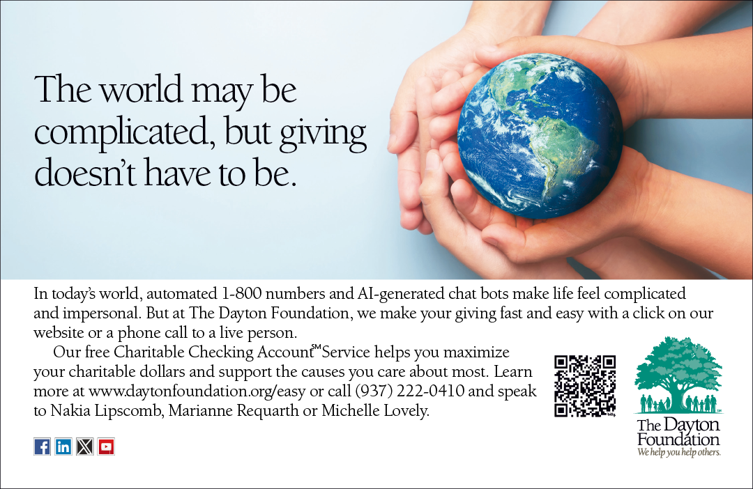 A poster with a hand holding a globe and the words “The world may be complicated, but giving doesn't have to be." AI generated content