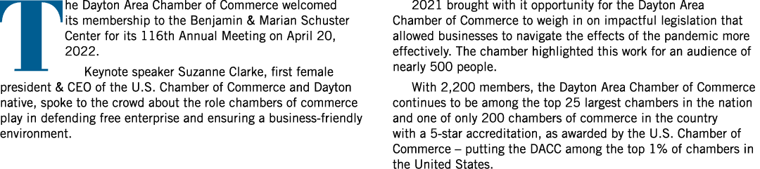 The Dayton Area Chamber of Commerce welcomed its membership to the Benjamin & Marian Schuster Center for its 116th An...