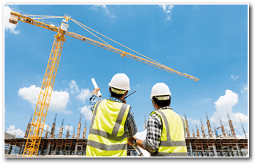 Civil engineer checking work with walkie-talkie for control and management in the construction site or building site of highrise building