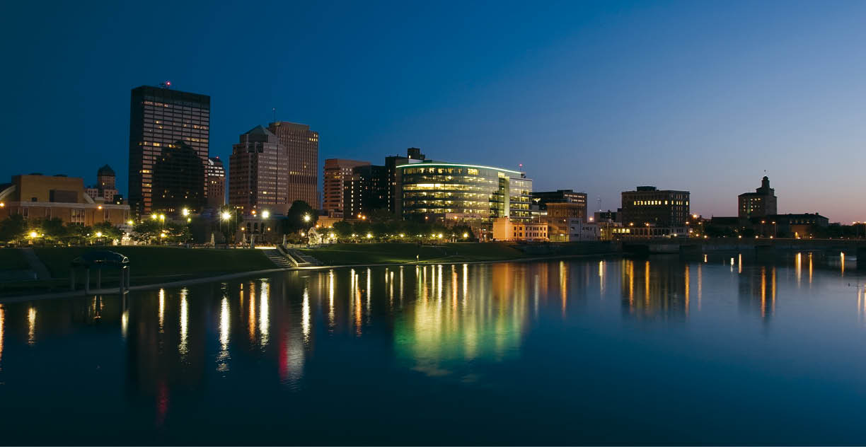 Dayton Ohio Cityscape at Dusk. Dayton, Ohio, USA. Caresource Management Building is new to the skyline at center.
