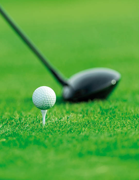 Golf ball on green grass. Sport theme background. Horizontal sport theme poster, greeting cards, headers, website and app
