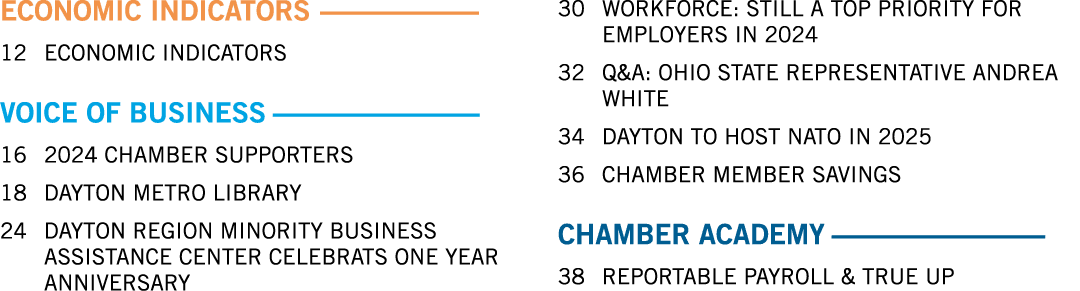 ECONOMIC INDICATORS 12 ECONOMIC INDICATORS VOICE OF BUSINESS 16 2024 CHAMBER SUPPORTERS 18 DAYTON METRO LIBRARY 24 D...