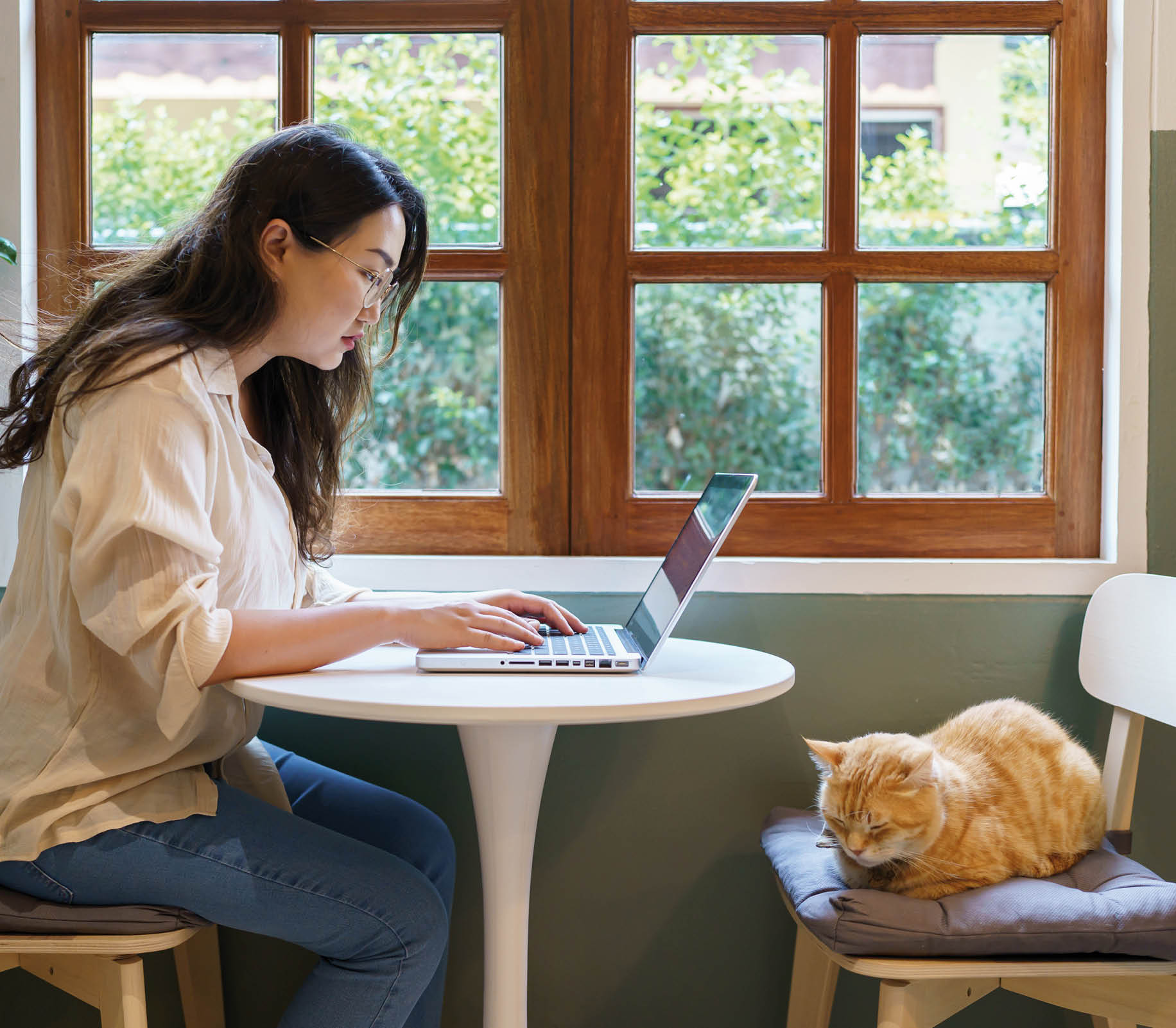 woman working from home with cat. cat asleep on the laptop keyboard. assistant cat working at Laptop.
