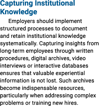 Capturing Institutional Knowledge Employers should implement structured processes to document and retain institutiona...