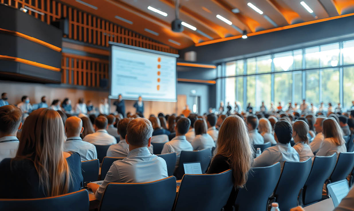 A large conference room filled with attendees listening to a presentation projected on a screen during a professional event.
