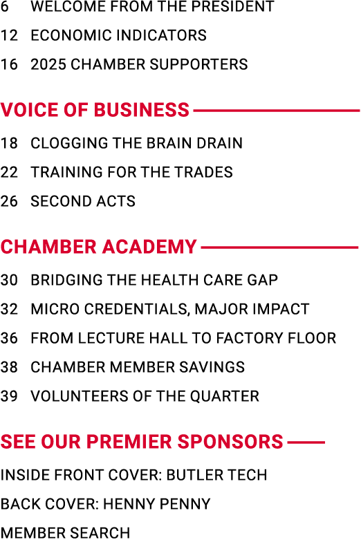 6 WELCOME FROM THE PRESIDENT 12 ECONOMIC INDICATORS 16 2025 CHAMBER SUPPORTERS VOICE OF BUSINESS 18 CLOGGING THE BRAI...