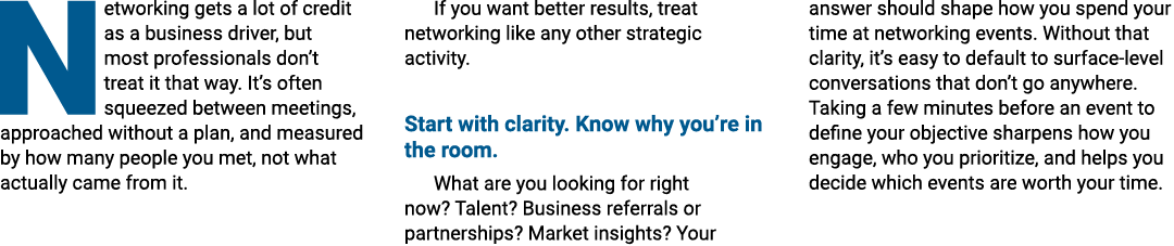 Networking gets a lot of credit as a business driver, but most professionals don’t treat it that way. It’s often sque...