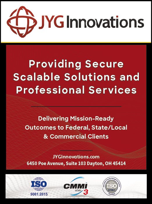 A red and white advertisement for JYG Innovations. Description generated by AI