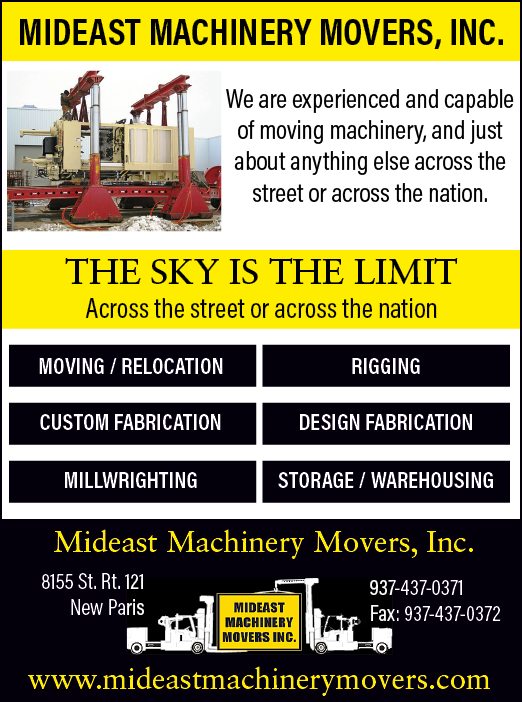 A yellow and black advertisement for MidEast Machinery Movers, Inc. Description generated by AI