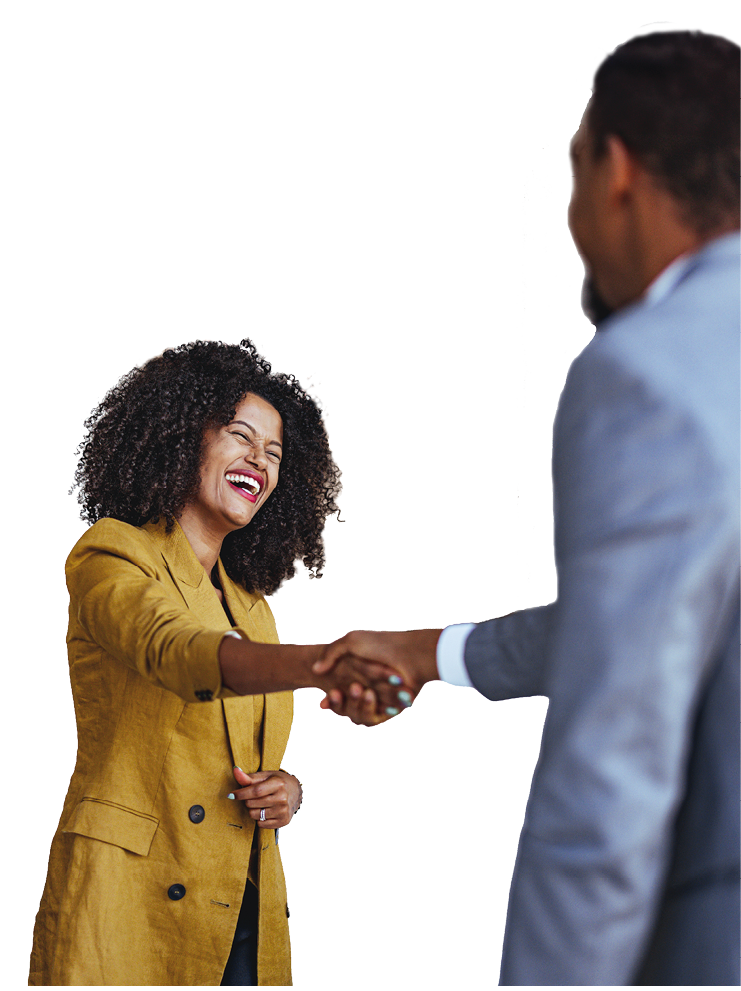 A woman wearing a yellow jacket shakes hands with a man in a gray suit. Description generated by AI
