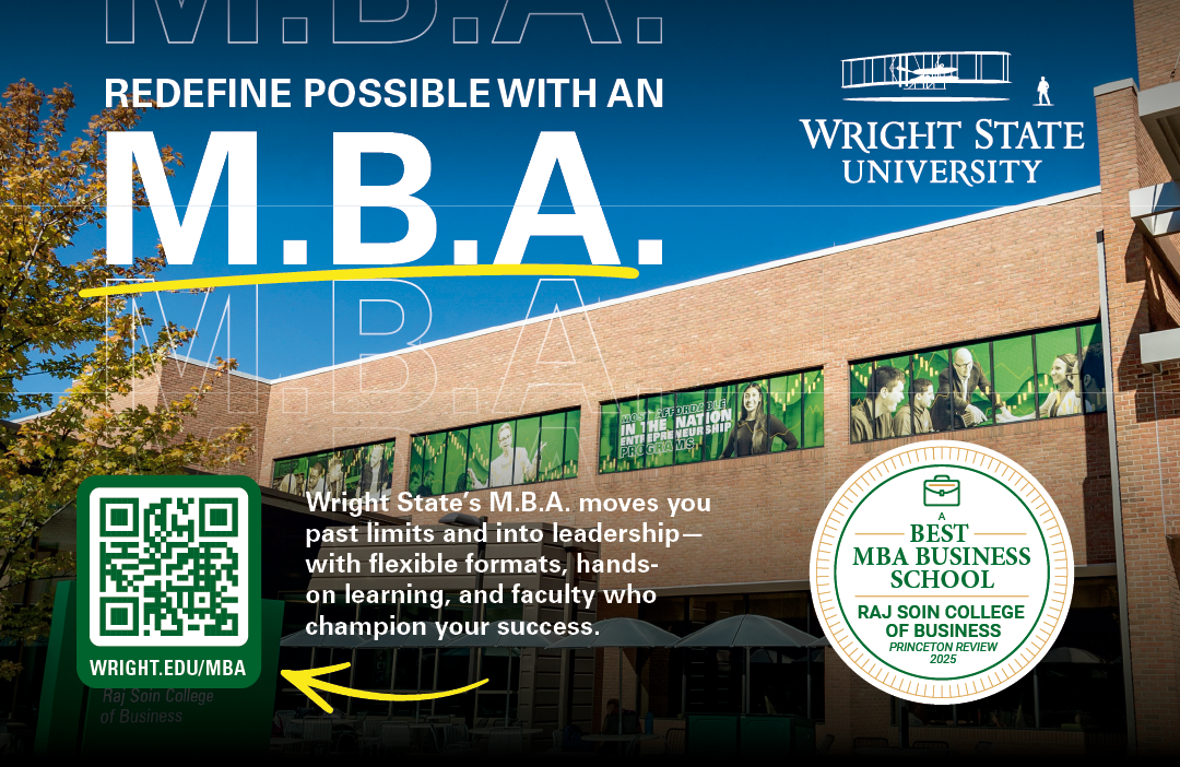 A sign for an MBA program at Wright State University. Description generated by AI