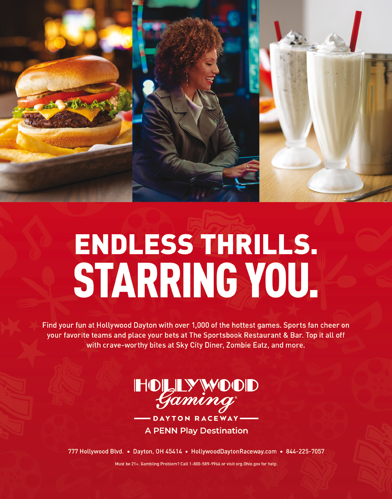 A red poster advertising Hollywood Gaming. Description generated by AI