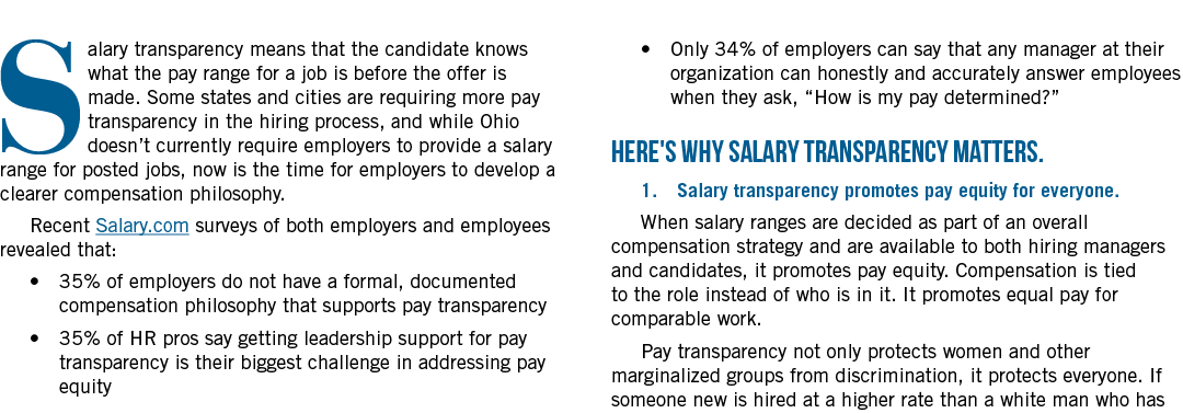 Salary transparency means that the candidate knows what the pay range for a job is before the offer is made. Some sta...