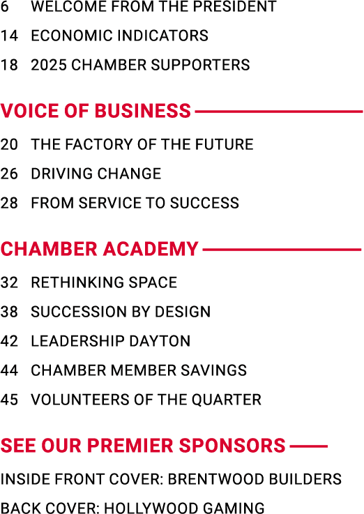 6 WELCOME FROM THE PRESIDENT 14 ECONOMIC INDICATORS 18 2025 CHAMBER SUPPORTERS VOICE OF BUSINESS 20 THE FACTORY OF TH...