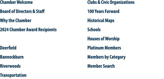 Chamber Welcome Board of Directors & Staff Why the Chamber 2024 Chamber Award Recipients Deerfield Bannockburn Riverw...