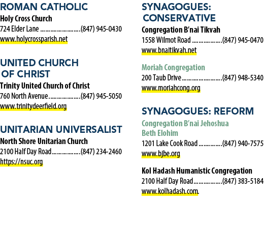 ROMAN CATHOLIC Holy Cross Church 724 Elder Lane (847) 945 0430 www.holycrossparish.net UNITED CHURCH OF CHRIST Trinit...