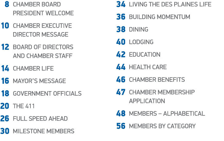  8 CHAMBER BOARD PRESIDENT WELCOME 10 CHAMBER EXECUTIVE DIRECTOR MESSAGE 12 Board of Directors and Chamber Staff 14 C...