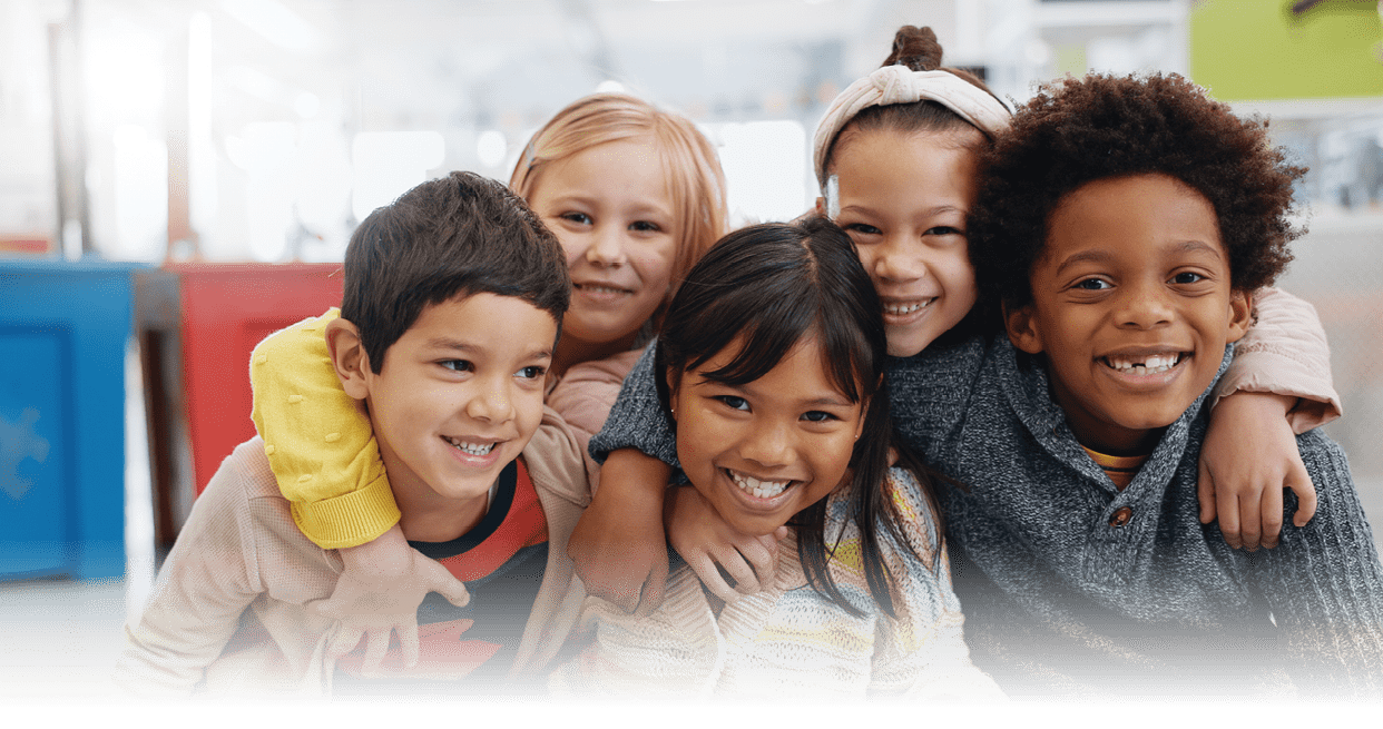 Science, portrait and group of kids with smile at convention, expo or exhibition with happiness. Student, children or face with smile at tradeshow or scientific conference for knowledge and education