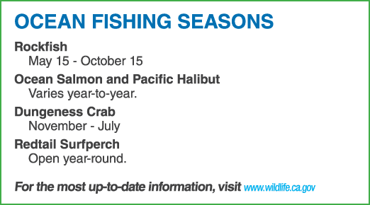 OCEAN FISHING SEASONS Rockfish May 15 October 15 Ocean Salmon and Pacific Halibut Varies year to year. Dungeness Crab...