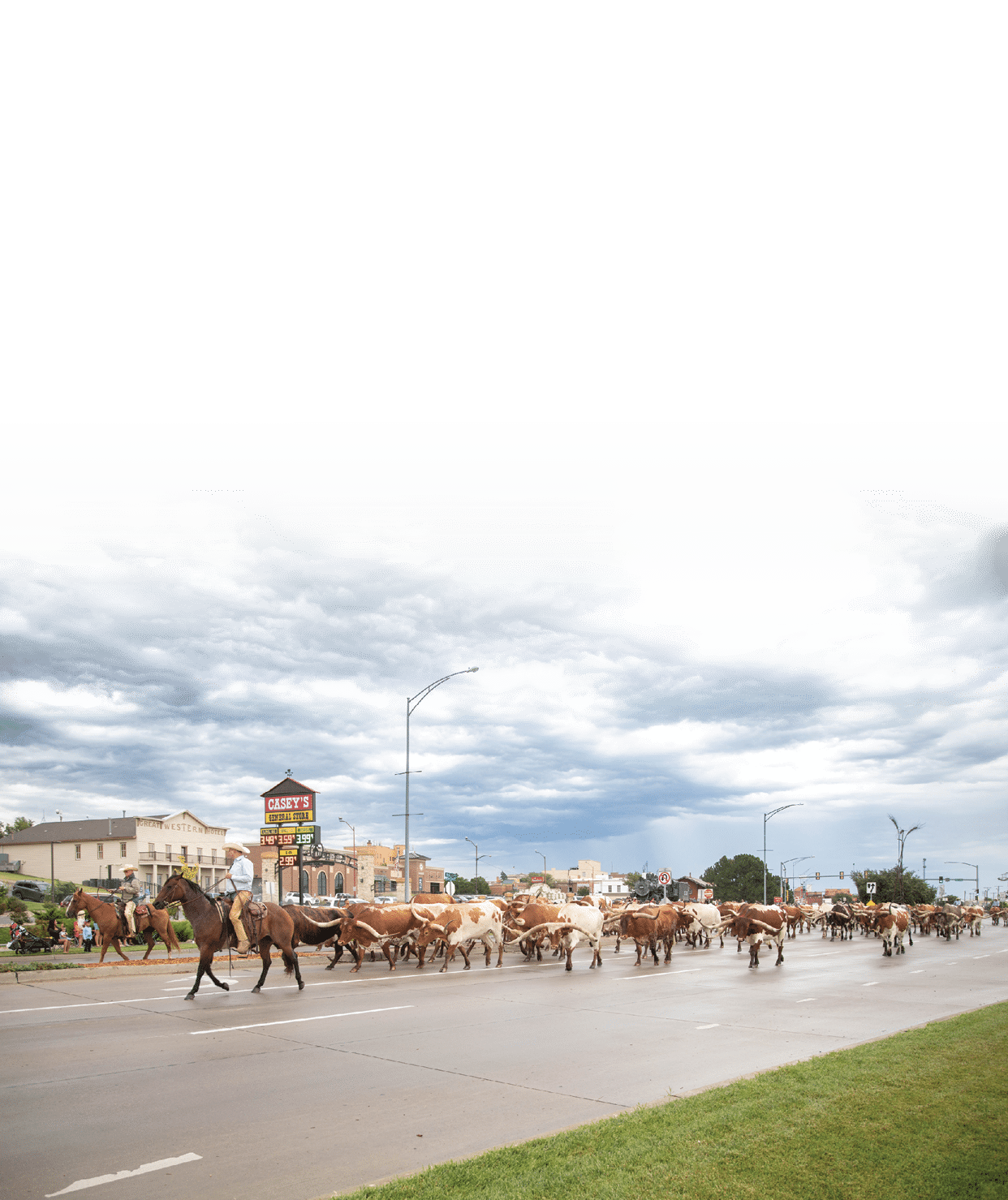 A group of people riding horses down a street. AI generated content