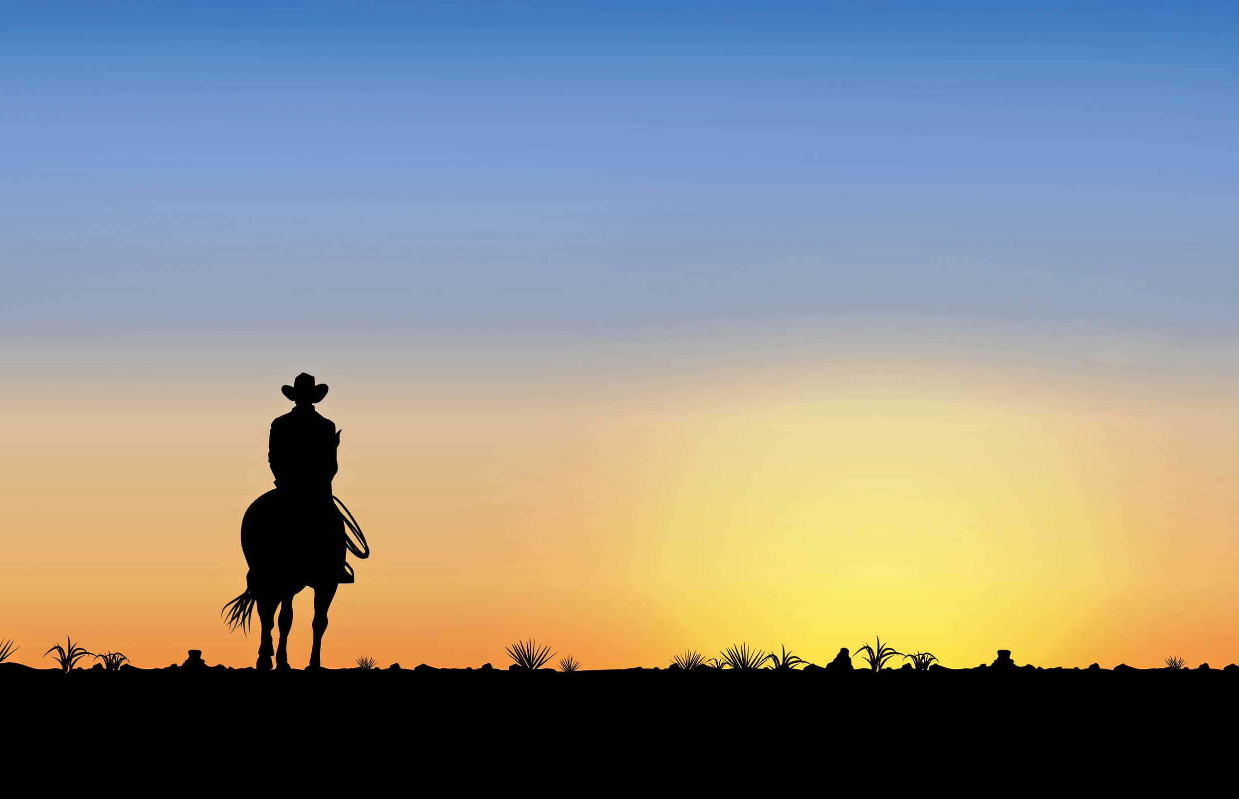 A man is riding a horse in front of a beautiful sunset. AI generated content
