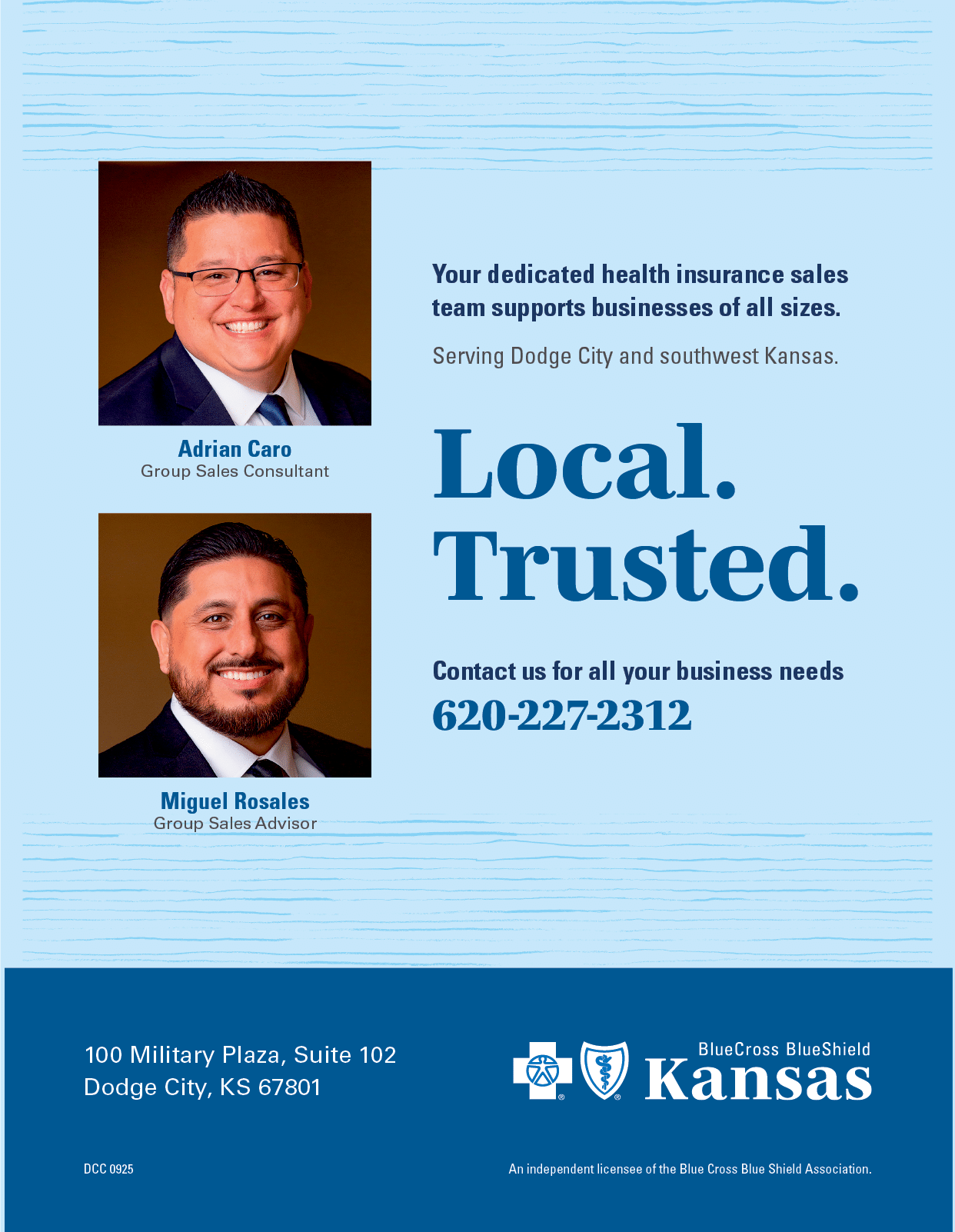 Two men are smiling in a blue and white advertisement for a health insurance company. AI generated content