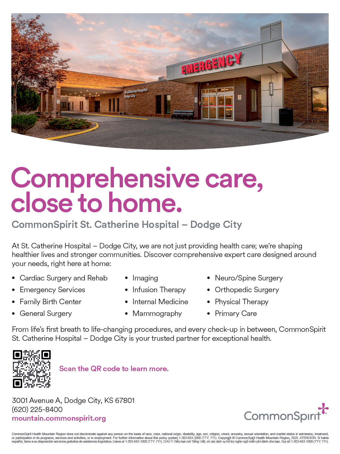 A flyer for the Comprehensive Care, Close to Home program at St. Catherine Hospital in Dodge City, Kansas. AI generated content