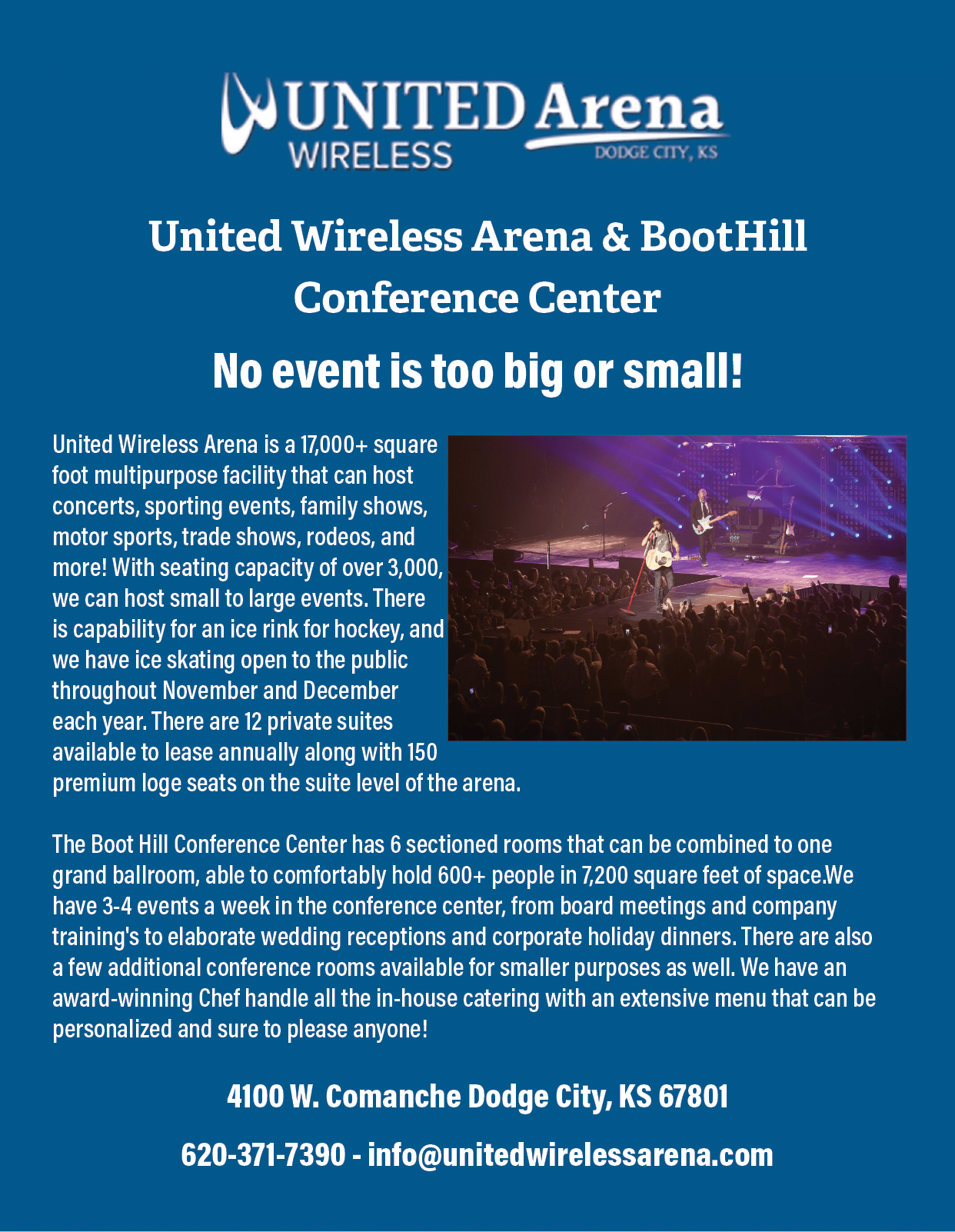 A flyer advertises the Boot Hill Conference Center, which has a large capacity for events. AI generated content