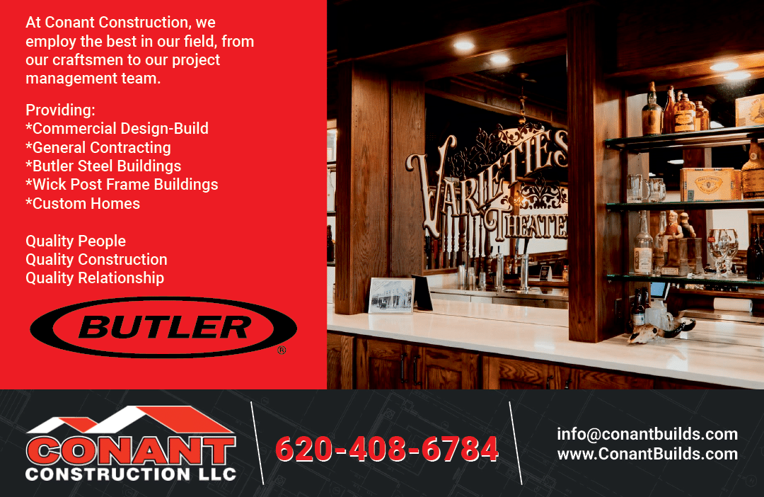 A poster advertising a construction company, Conant Construction LLC, with a picture of a bar and a counter. AI generated content