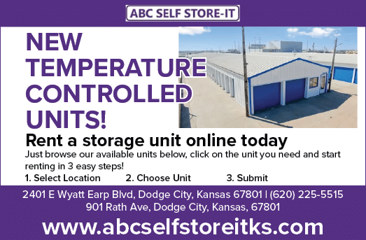 A purple advertisement for ABC Self Storage ITKs features a building with a blue roof and white walls. The building is described as a new temperature controlled storage unit. The advertisement also includes a phone number and website for the storage unit. AI generated content