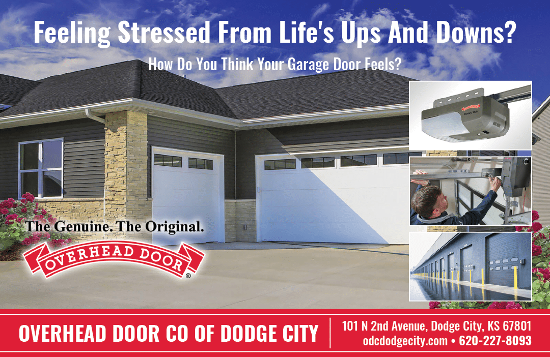 A garage door is shown in a picture with a person opening it. The image also shows a person closing the door. The picture is advertising garage doors. AI generated content