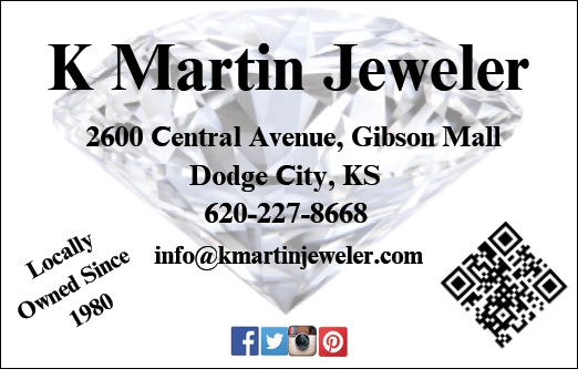 A business card for K. Martin Jeweler, located at 2600 Central Ave, in Dodge City, KS. AI generated content
